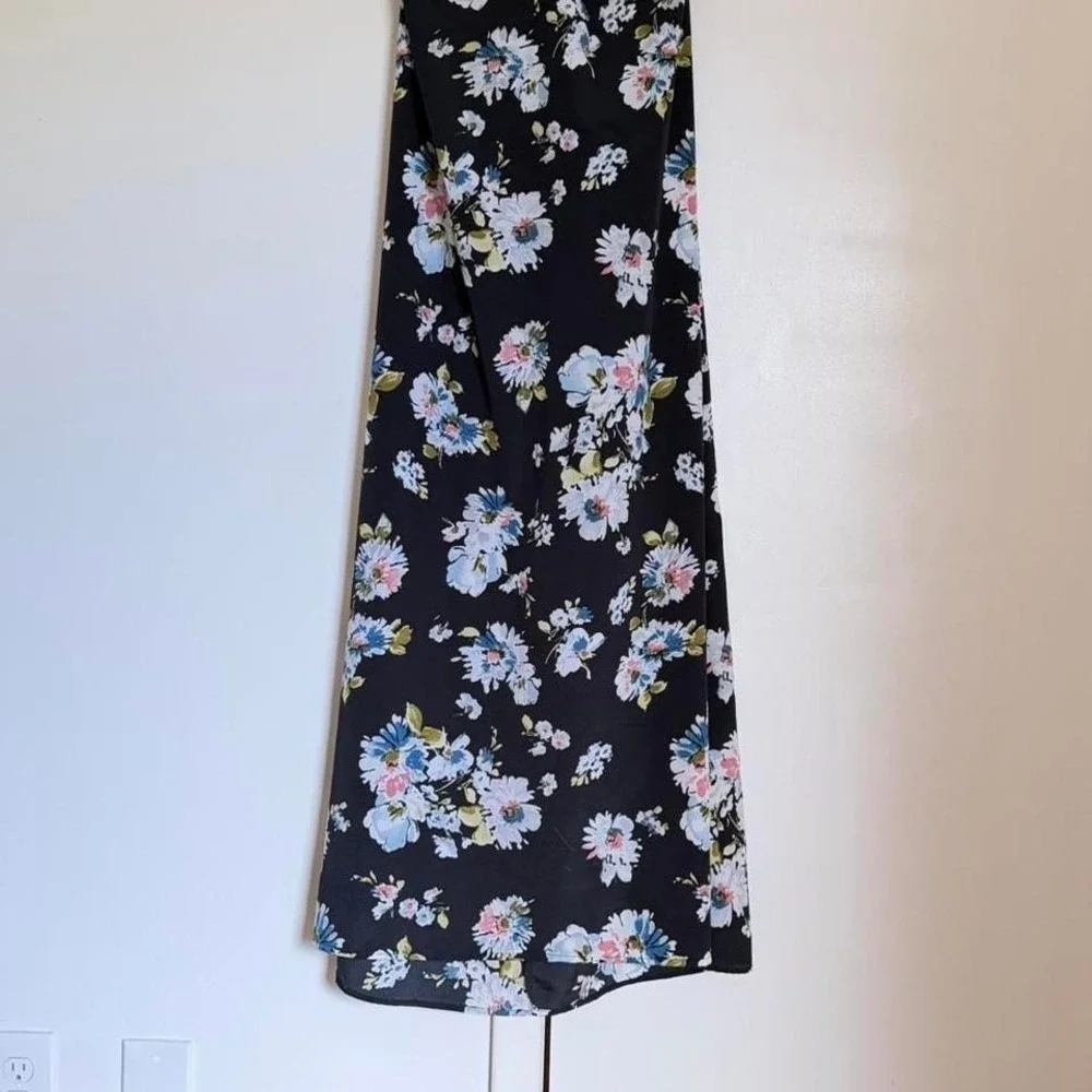 Black Floral Maxi Dress Halter Neck Cottagecore Vintage Style M